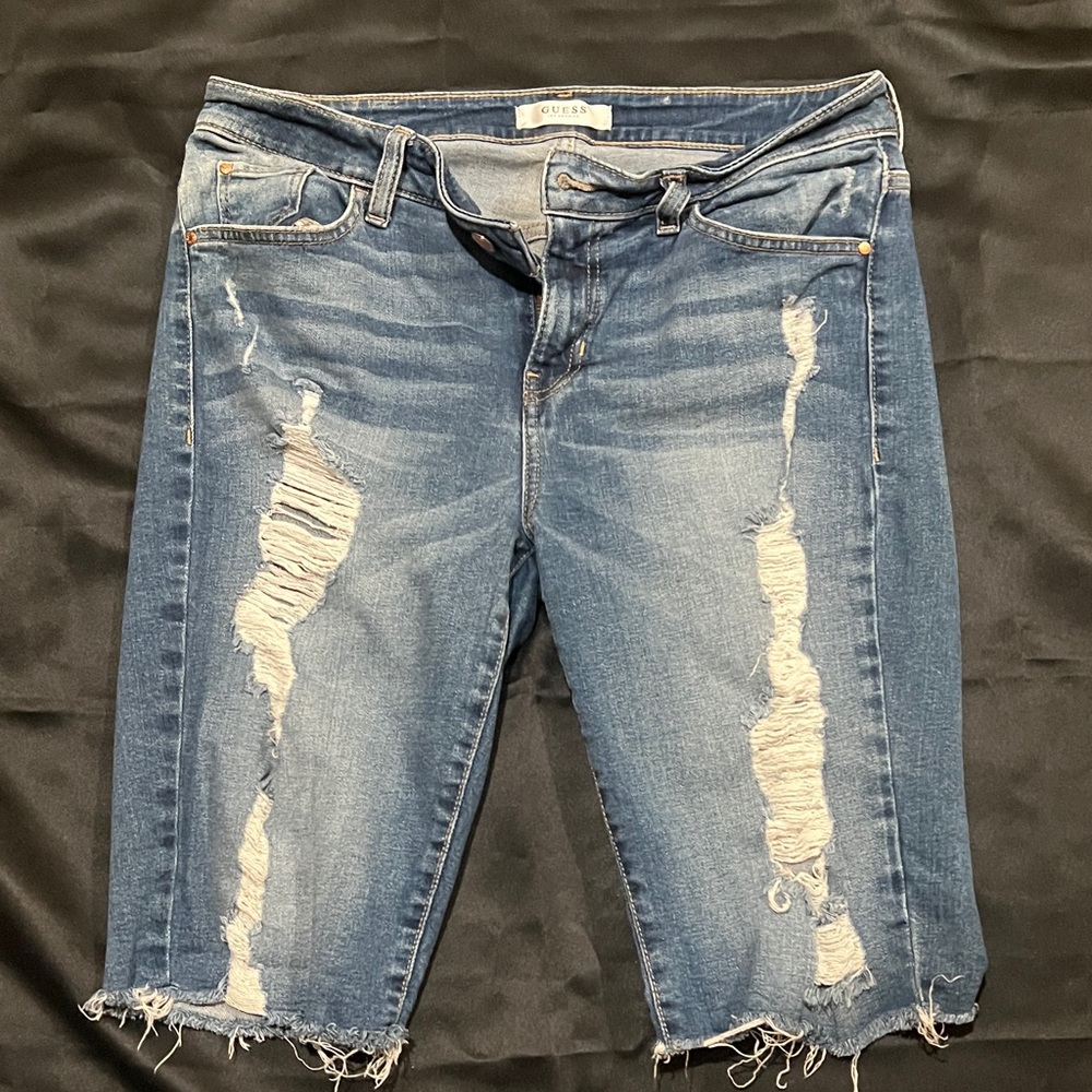 GUESS Women's Ripped Blue Bermuda Jean Shorts